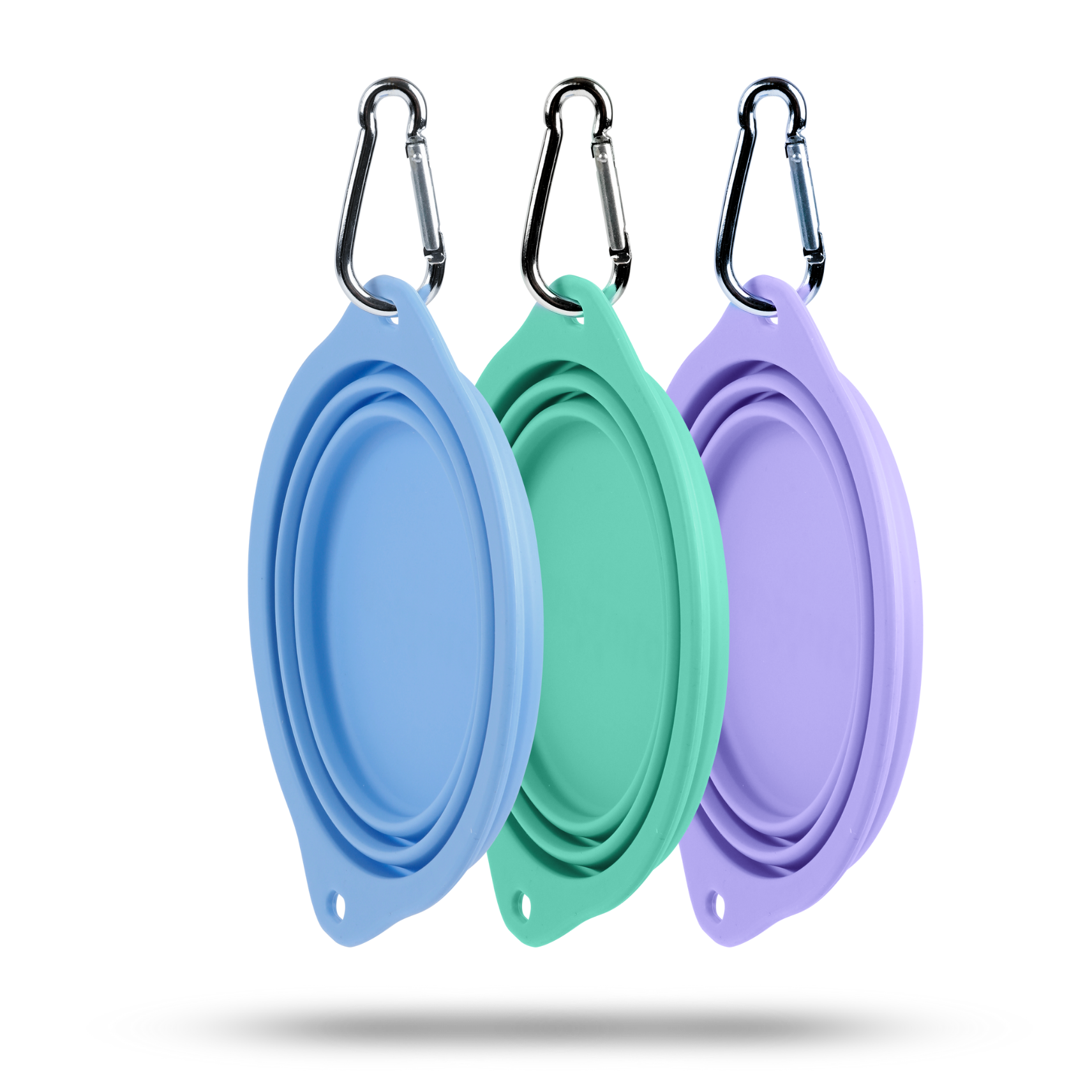 Three silicone dog bowls with carabiners in blue, green, and purple on a white background.