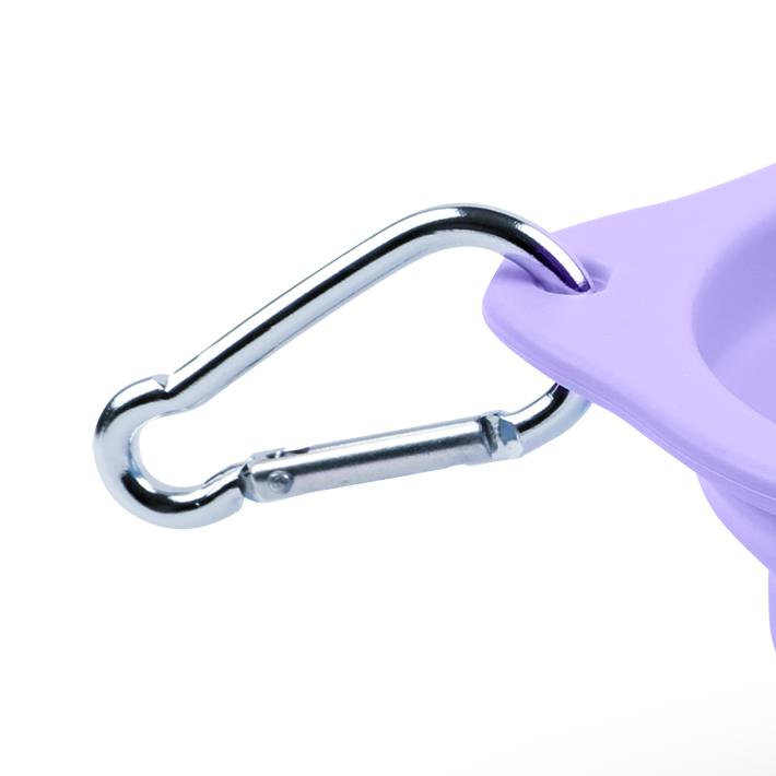 Purple collapsible dog bowl with a carabiner on a white background