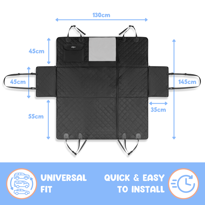 Dog car seat cover sizing diagram with dimensions, universal fit for any car