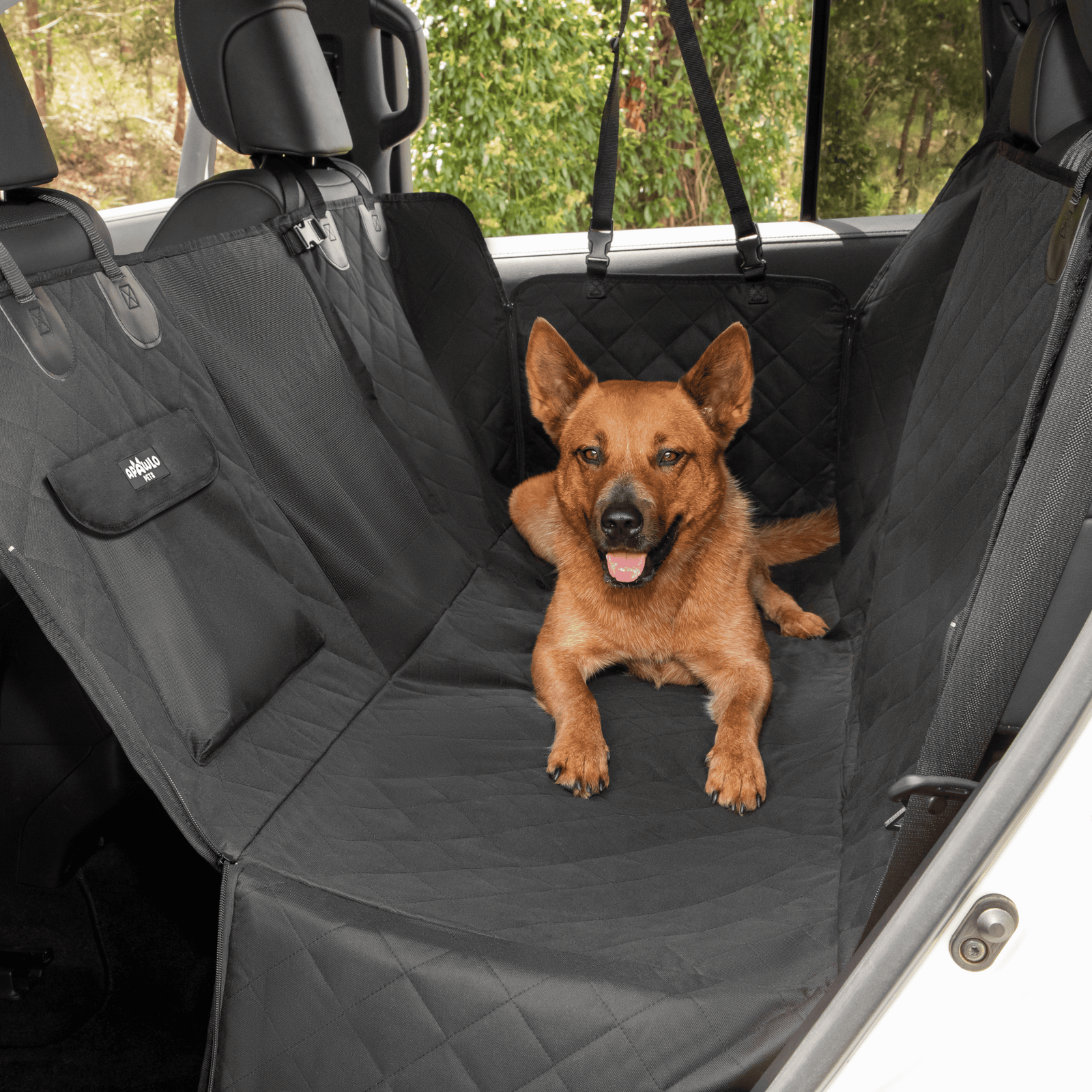 Dog car seat cover installed hammock-style in car backseat, large dog sitting comfortably